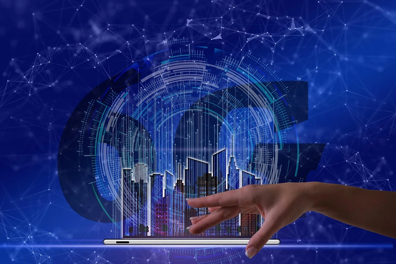 a hand pointing at a digital city