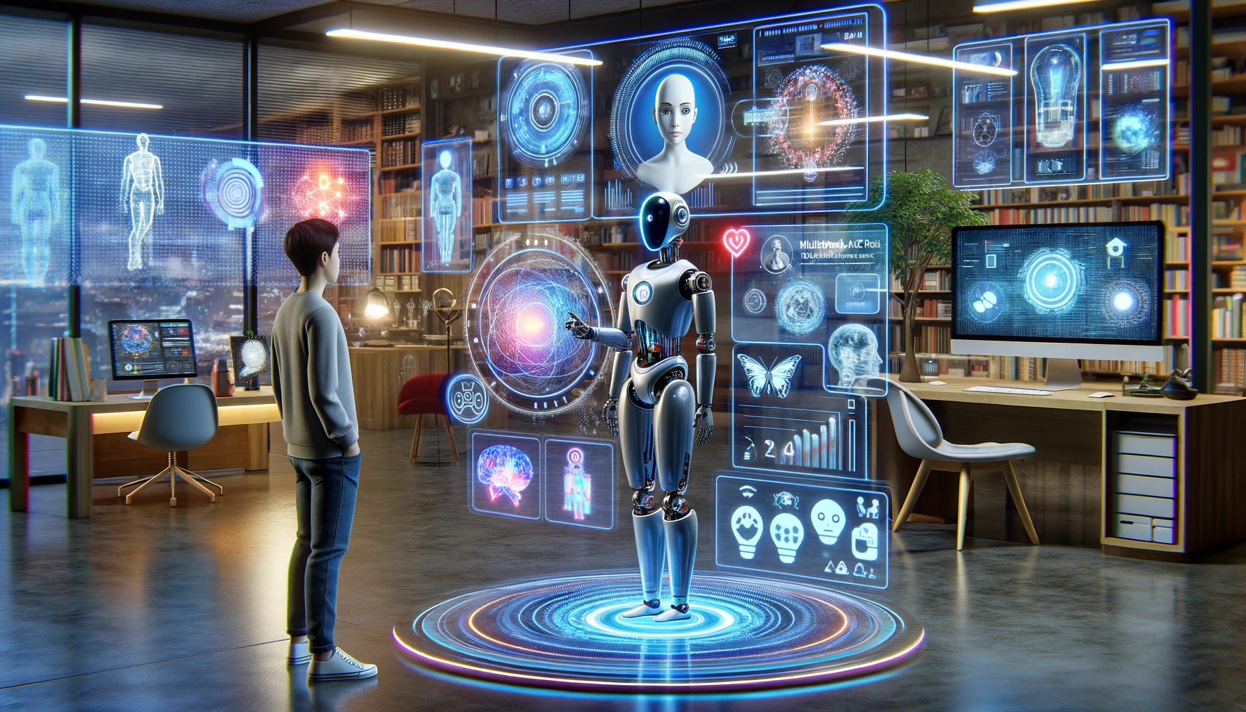 a man looking at a robot