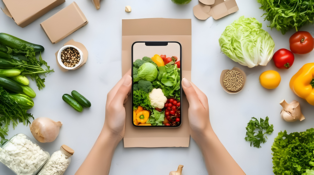 hands holding a phone with vegetables on it