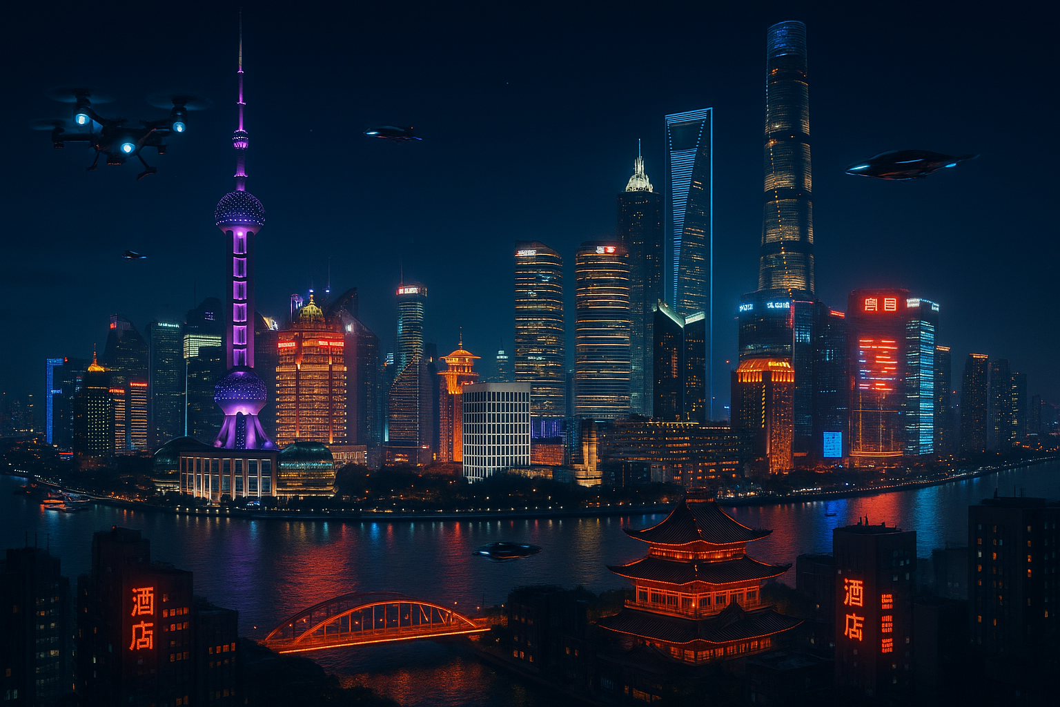 a city skyline at night with a river and buildings