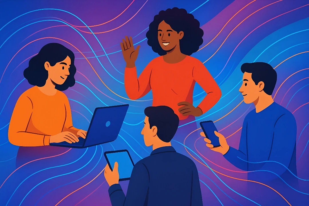a group of people with laptops and phones