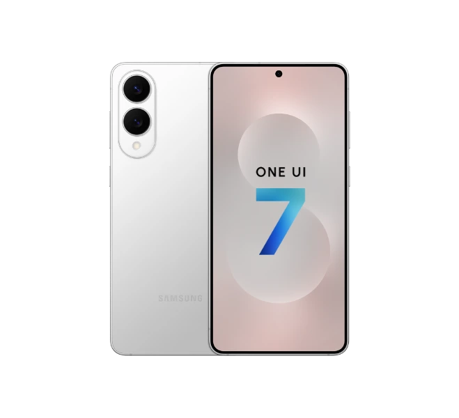 Samsung S25 por ambas caras y en la parte delantera el logo "One Ui 7"